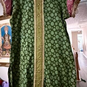 Green and Pink Polka Dot Dress with Gold Accents -top bottom and dupatta